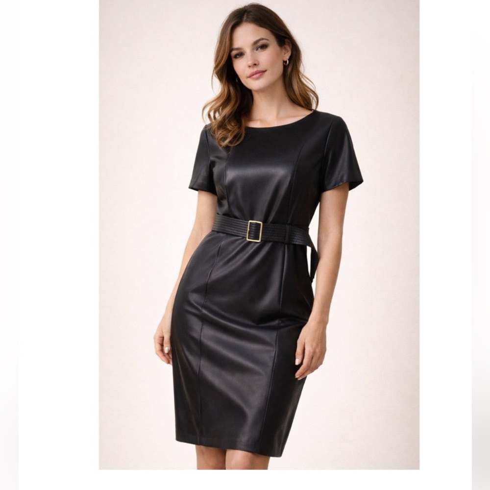 Calvin Klein Faux Leather Sheath Dress Belted Short Sleeve Black
Size 2